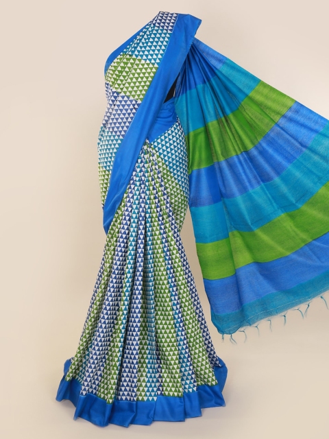 

Pothys Blue & Green Linen Blend Printed Saree