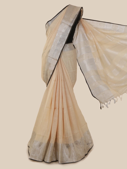 

Pothys Cream-Coloured & Silver-Toned Linen Blend Solid Saree