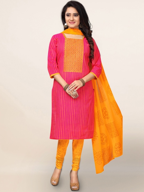 Pothys Pink & Yellow Cotton Blend Unstitched Dress Material