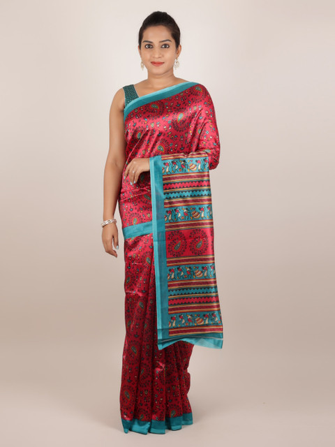 

Pothys Red & Navy Blue Jute Silk Printed Saree