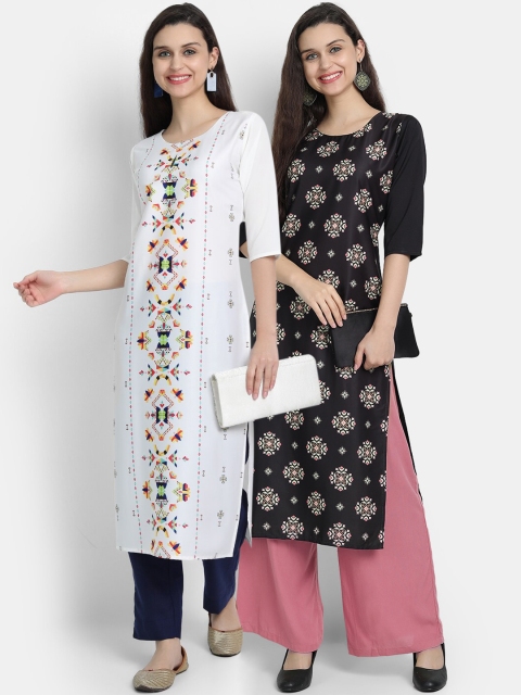 

7threads women Pack Of 2 white & black floral printed crepe kurta