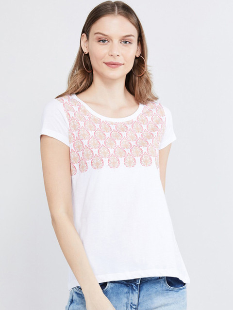 

max Women White Printed Round Neck T-shirt