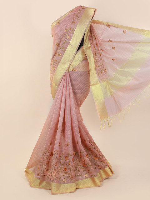 

Pothys Pink & Gold-Toned Cotton Blend Embroidered Saree With Tasseled Pallu