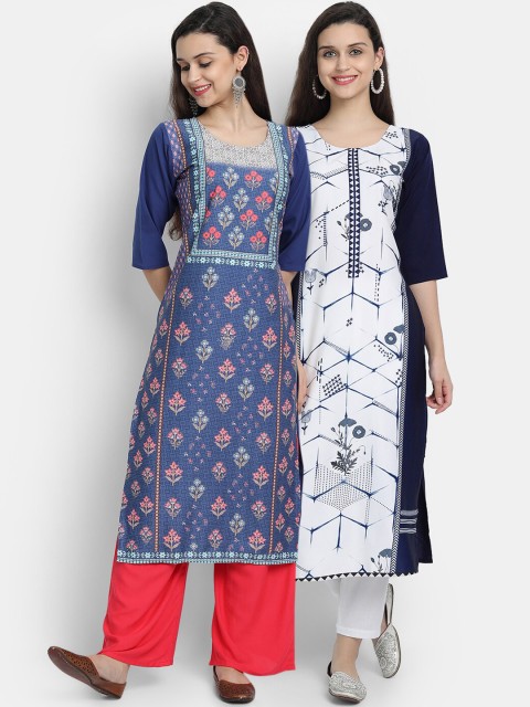 

7threads women Pack Of 2 blue & white floral printed crepe kurta