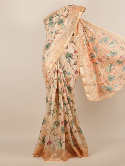 

Pothys Beige & Green Jute Silk Printed Saree