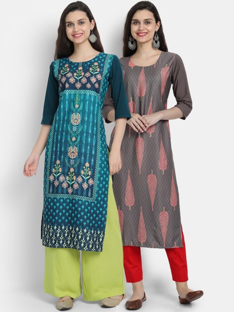 

7threads women Pack Of 2 blue & grey ethnic motifs printed crepe kurta