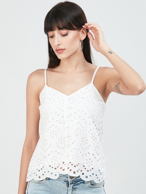 

max White Self Design Pure Cotton Schiffli Top