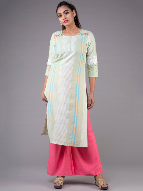 

Klm fashion mall women green & white striped thread work kurta