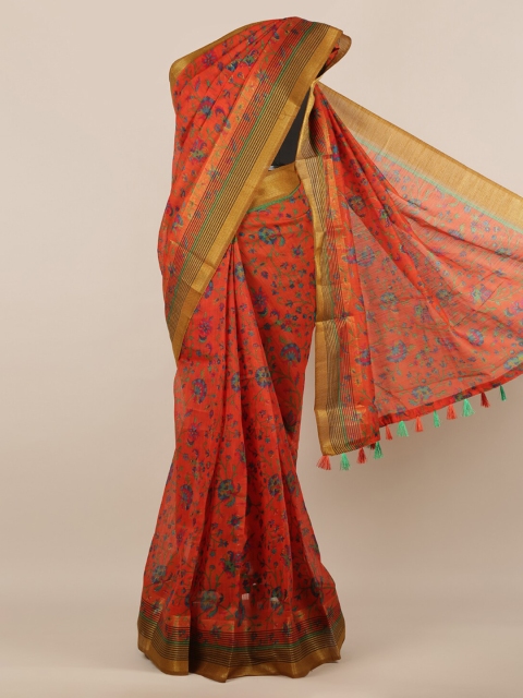 

Pothys Orange Printed Jute Silk Saree
