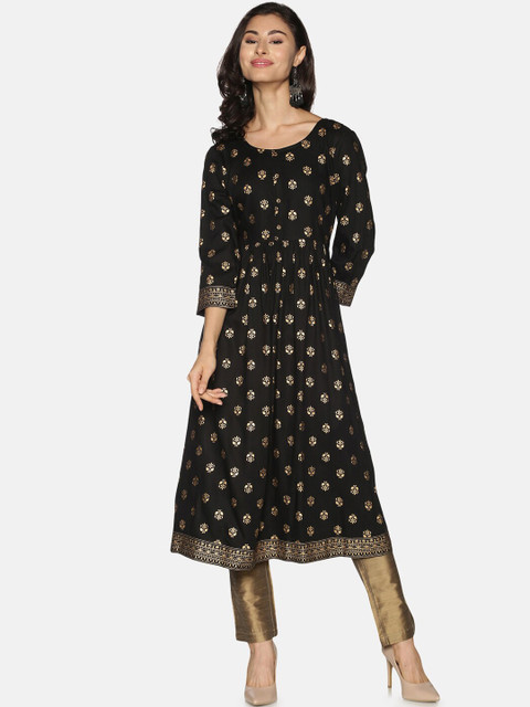 

Saffron Threads Women Black & Gold-Toned Ethnic Motifs Printed Kurta