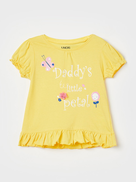 

Juniors by Lifestyle Yellow & White Printed Puff Sleeves Pure Cotton Regular Top