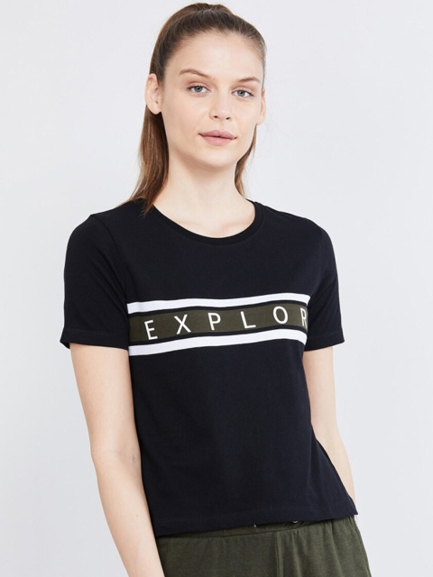 

max Women Black Printed Round Neck T-shirt