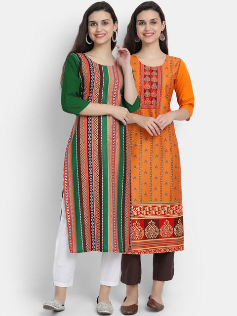 

7threads women Pack Of 2 yellow & green geometric printed crepe kurta