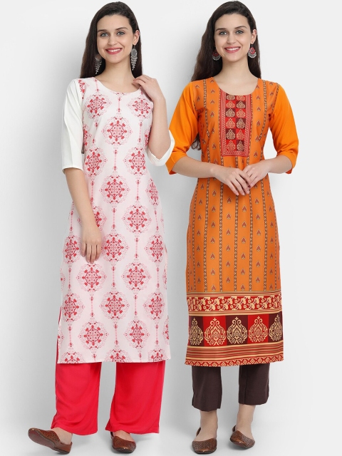 

7threads women Pack Of 2 white & orange ethnic motifs printed floral crepe kurta