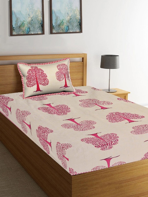

Tistabene Beige & Pink Ethnic Motifs 180 TC Cotton 1 Single Bedsheet & 1 Pillow Cover