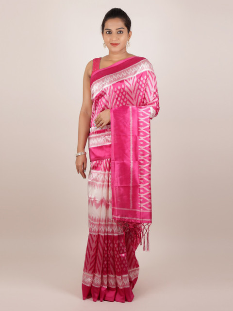 

Pothys Cream-Coloured & Pink Jute Silk Printed Saree