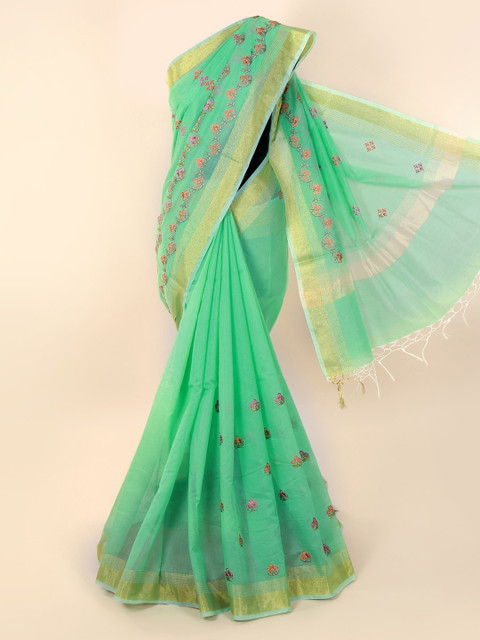 

Pothys Green Printed Cotton Blend Saree