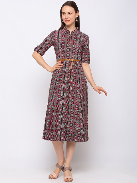 

Ethnicity Women Maroon Printed Fit and Flare Dress