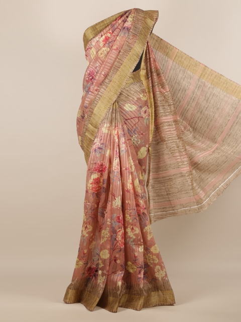 

Pothys Peach-Coloured & Olive Green Jute Silk Woven Design Saree