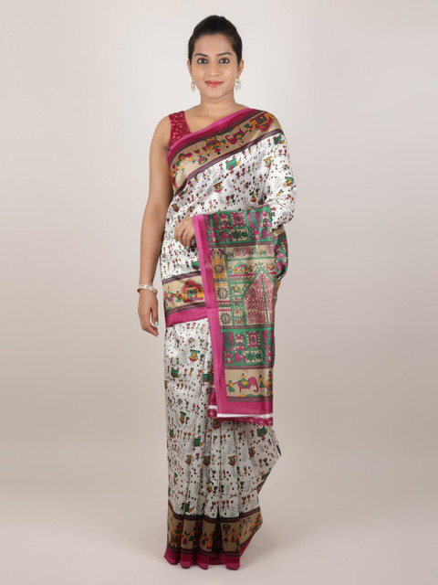 

Pothys White & Pink Jute Silk Printed Saree