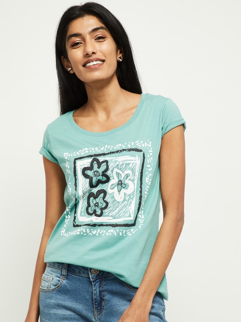 

max Women Green Floral Printed Round Neck T-shirt