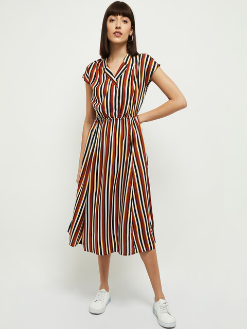

max Women Rust Striped Fit and Flare Dress