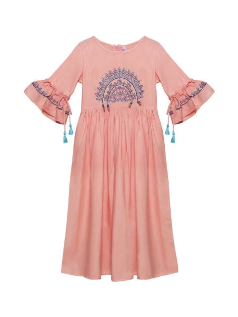 

Ishin DESIGNER STUDIO Girls Peach-Coloured Solid Fit and Flare Dress