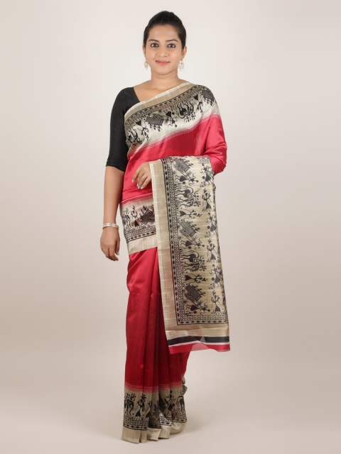

Pothys Red & Beige Jute Silk Solid Saree