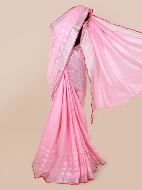 

Pothys Pink & Silver-Toned Linen Blend Woven Design Saree
