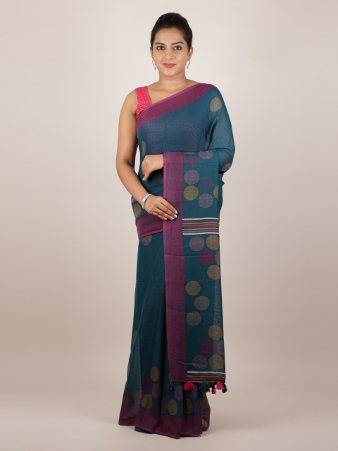 

Pothys Teal Blue Printed Linen Blend Saree
