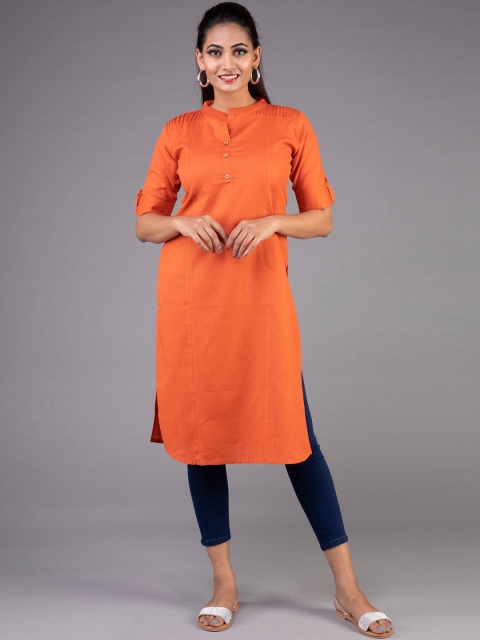 

KLM Fashion Mall Women Rust Orange Mandarin Collar Roll-Up Sleeves Cotton Kurta