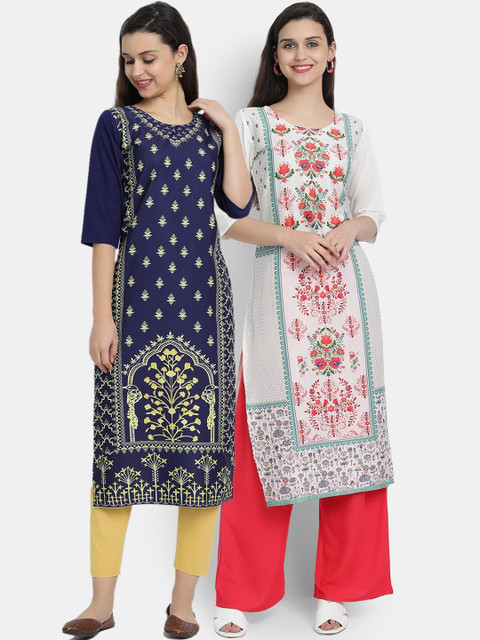 

7threads women Pack Of 2 navy blue & grey floral printed crepe kurta