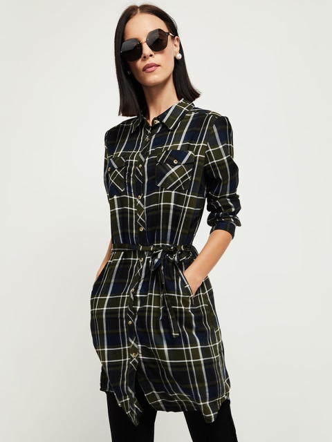 max Women Green & Off-White Regular Fit Checked Casual Longline Shirt