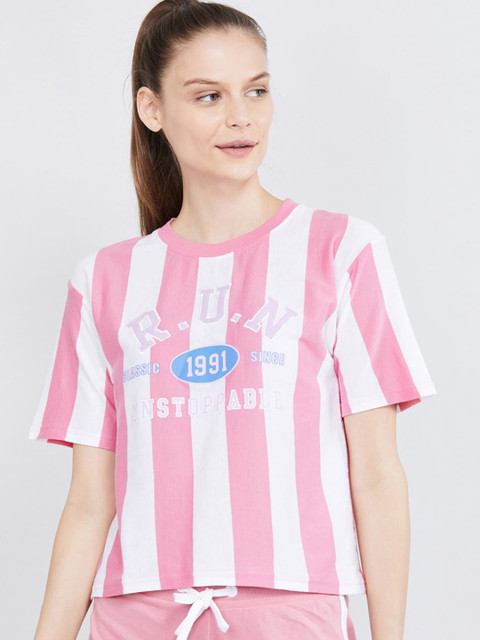 

max Women Pink & White Striped Round Neck T-shirt