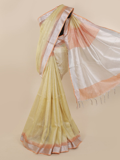 

Pothys Yellow & Silver-Toned Linen Blend Solid Saree