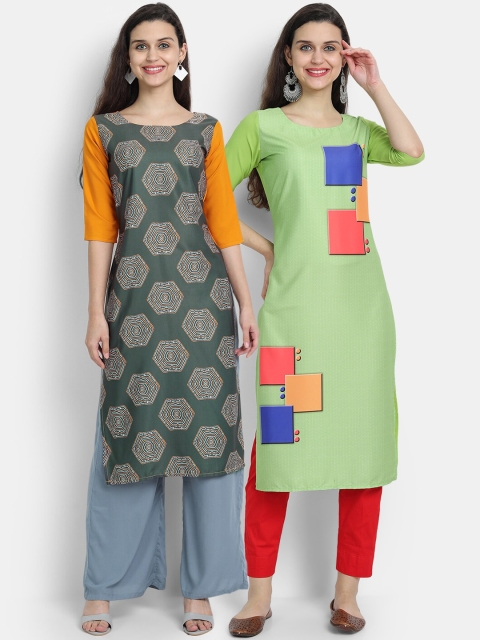 

7threads women Pack Of 2 green & orange geometric colourblocked crepe kurta