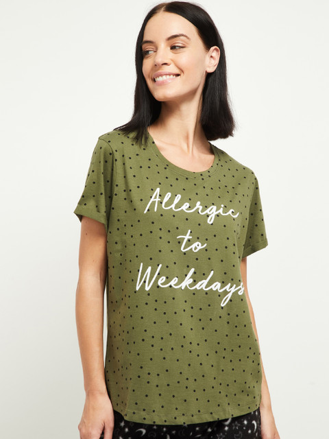 

max Women Green Printed Round Neck T-shirt