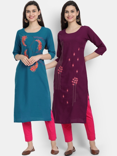 

7threads Women Pack of 2 Multicoloured Floral Embroidered Kurta, Multi