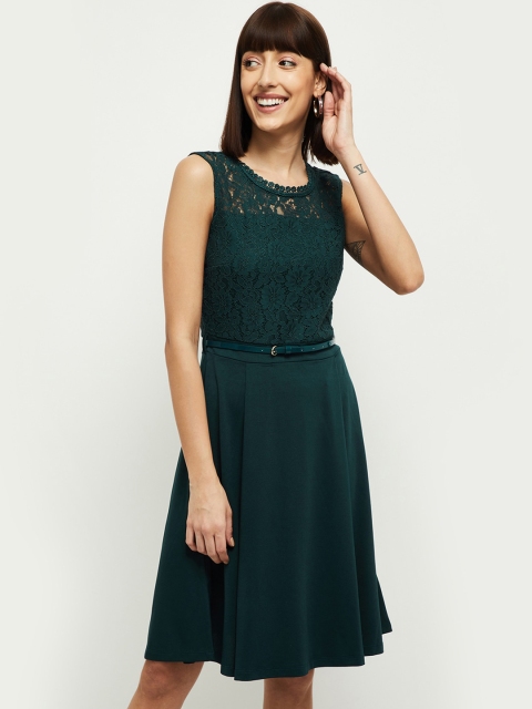 

max Women Green Self Design Fit & Flare Dress