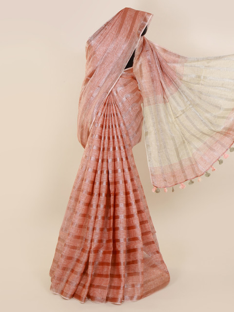 

Pothys Pink Striped Linen Blend Saree With Tasseled Pallu