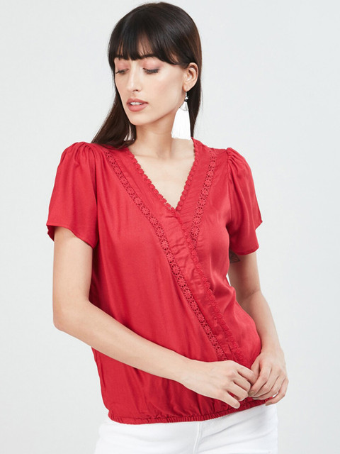 

max Red Lace Insert Wrap Top