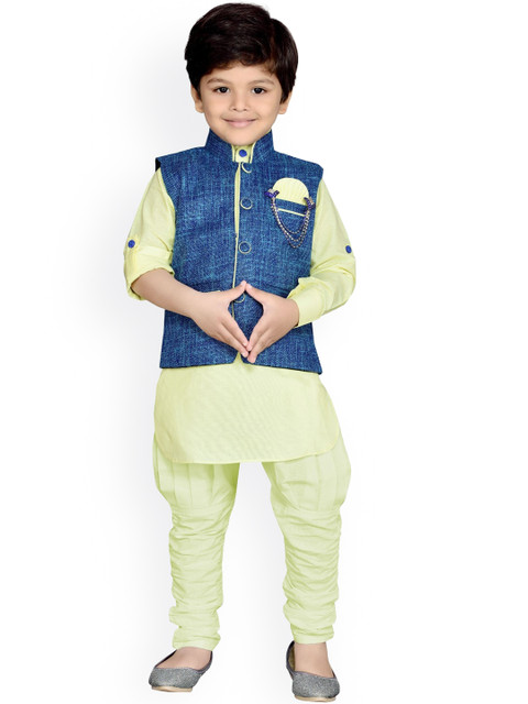 

Aj DEZInES Boys Yellow Solid Kurta with Trousers & Waistcoat
