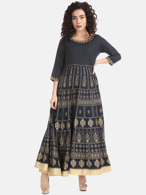 

Anahi Women Navy Blue & Gold-Toned Ethnic Motifs Printed Anarkali Kurta