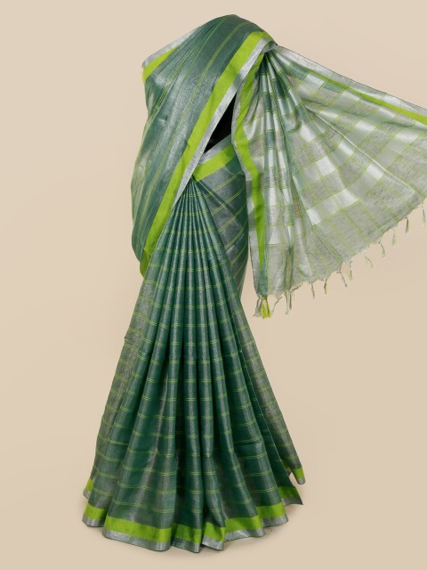 

Pothys Green & Silver-Toned Linen Blend Striped Saree
