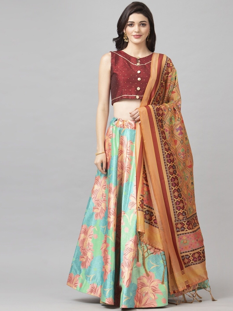 

Satrani Green & Maroon Woven Design Semi-Stitched Lehenga & Unstitched Blouse with Dupatta