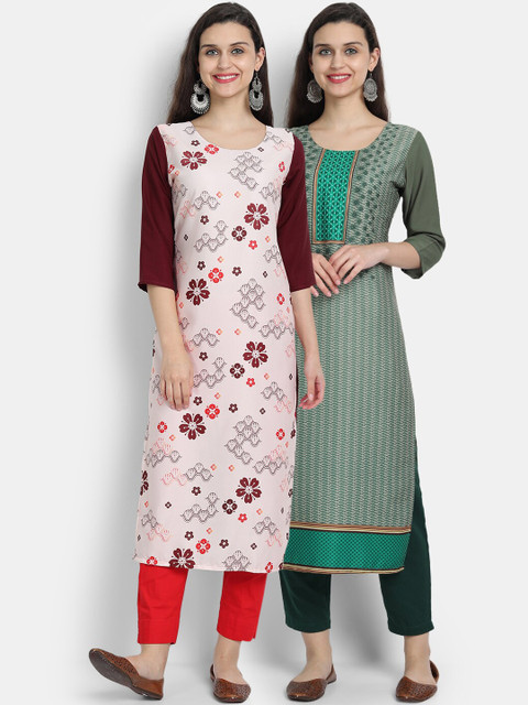 

7threads women Pack Of 2 green & maroon floral printed crepe kurta