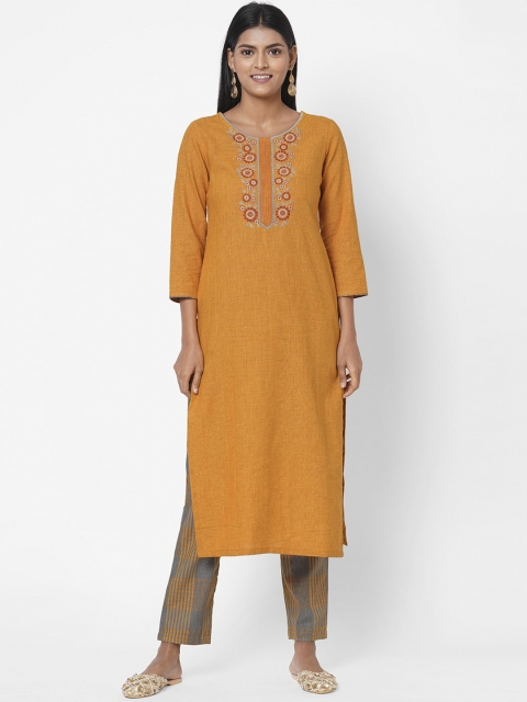 

Os Women Yellow Floral Yoke Design Thread Work Kurta