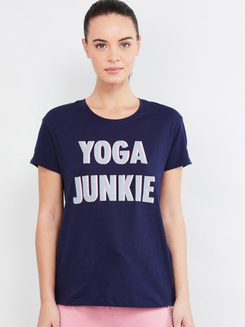 

max Women Navy Blue Printed Round Neck T-shirt
