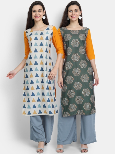 

7threads women Pack Of 2 yellow & green geometric printed crepe kurta