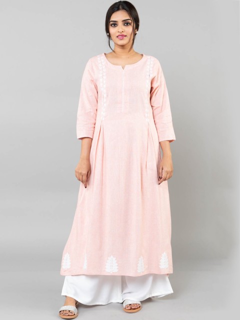 

Klm fashion mall women peach-coloured embroidered thread work kurta